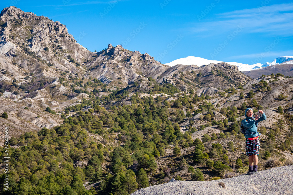 Beautiful peaks and summits in the mountains and valleys in the Sierra Nevada mountains in Spain