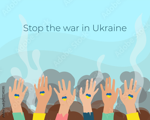 Stop the war in Ukraine banner. Hands outstretched to the sky in smoke, Symbol of the struggle of the Ukrainian people.