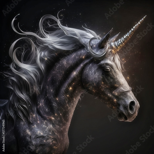 Portrait illustration of a mystical unicorn, sparkling starry background.