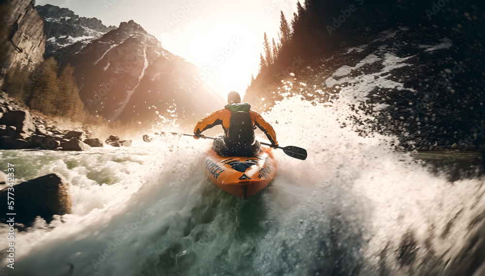 Extreme sport kayak sails mountain river with sun light, Aerial top view. Rafting, whitewater kayaking. Generation AI - obrazy, fototapety, plakaty 