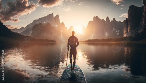 Canvastavla Man in thermo clothing rowing oar on sup board blue lake water paddleboard background of forest and mountains sunset