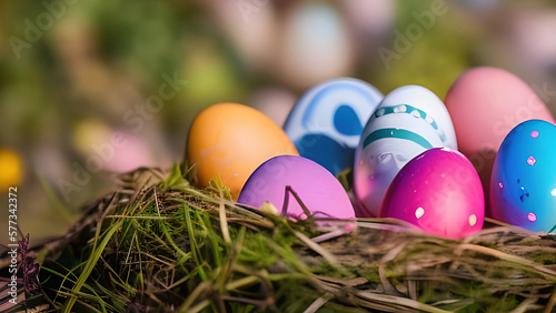 Painted easter eggs in a nest. Easter illustration wallpaper. (Generative AI)