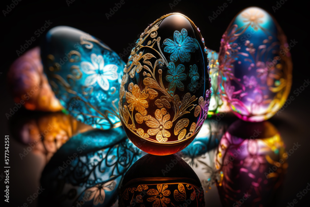 fantasy amazing Easter painted egg in glass egg on blue background. Happy Easter magical,generative ai.