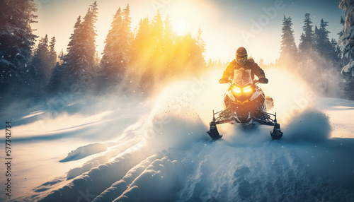 Winter Extreme adventure action photo. Freeride Snowmobile fresh powder snow in forest with sunlight. Generation AI