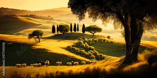 Toscana , vineyard, pastoral scene , Sunrice Landscape. ai generative