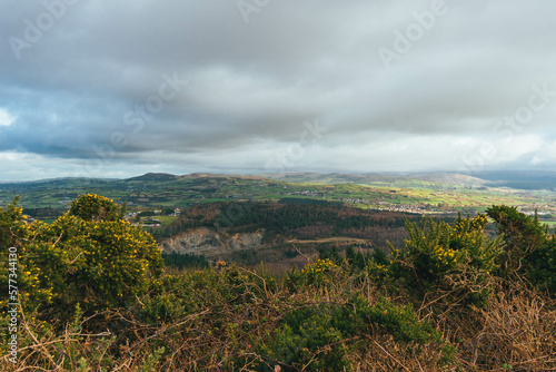 Grey cloudy sky  with rolling green hills and vegetation  Slieve Gullion  Co. Armagh   Ring of Gullion  Northern Ireland