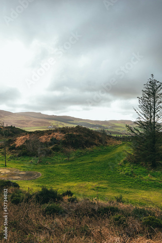 Grey cloudy sky, with rolling green hills and vegetation, Slieve Gullion, Co. Armagh, Ring of Gullion, Northern Ireland