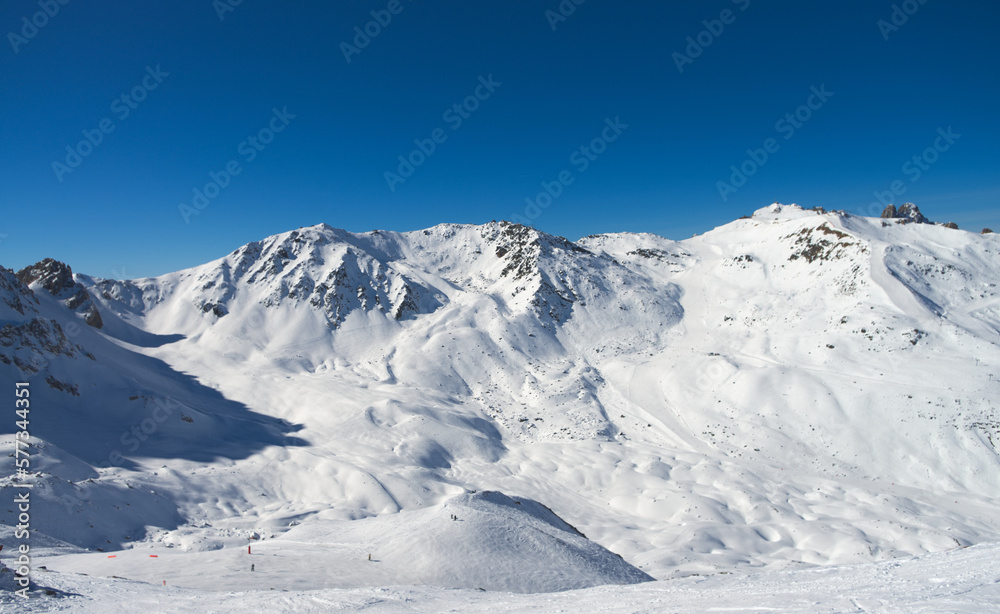 Ski slopes of winter mountain resort Meribel-Courchevel, France. Taken in Feb 2017.