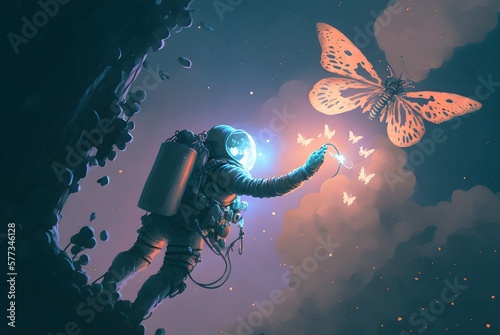 The astronaut reaching out to catch the glowing butterfly in the sky, digital art style, illustration painting, Generative AI