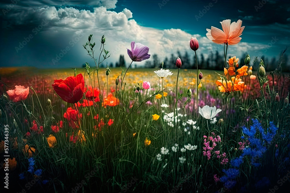 Meadow full of colorful flowers in springtime. Generative AI