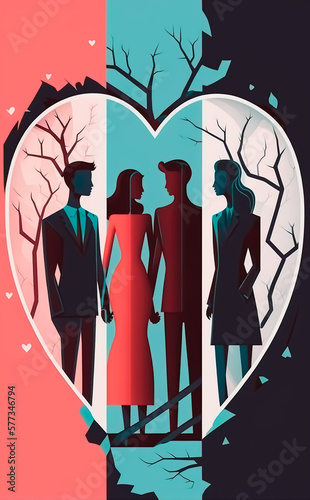 Four people in a polyamorous relationship, vector style art. Generative AI photo