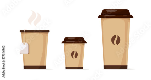 Set of paper cups for hot drinks, coffe espresso, large cappuccino or latte, tea with bag tag on thread and steam. Isolated white background. Vector illustration