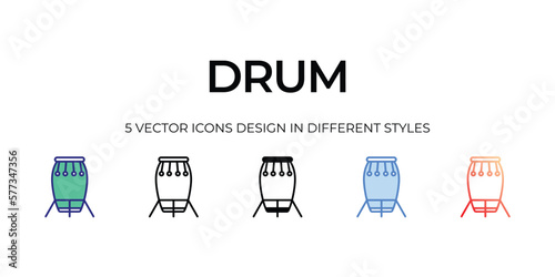 drum Icon Design in Five style with Editable Stroke. Line, Solid, Flat Line, Duo Tone Color, and Color Gradient Line. Suitable for Web Page, Mobile App, UI, UX and GUI design.