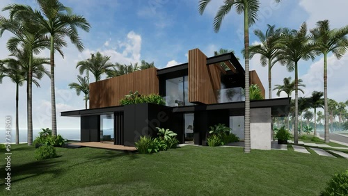 4K video rendering of modern cozy house with parking and pool for sale or rent with wood plank facade by the sea or ocean. Sunny day by the coast with palm and flowers in tropical island Fly-walk