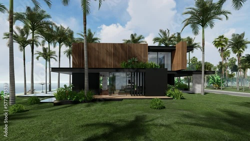 4K video rendering of modern cozy house with parking and pool for sale or rent with wood plank facade by the sea or ocean. Sunny day by the coast with palm and flowers in tropical island Fly-walk