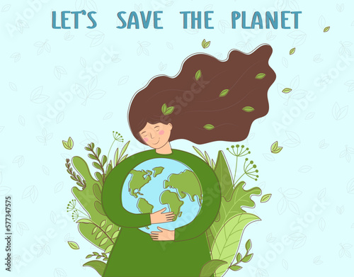 Woman hugs the planet - ecology concept	
