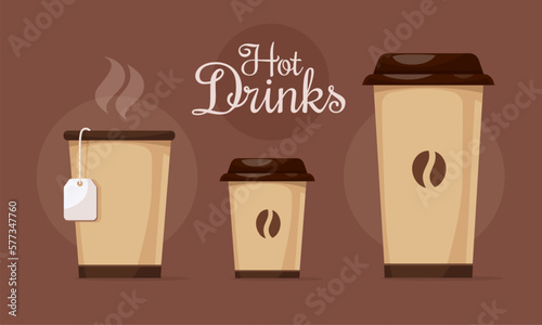 Set of paper cups for hot drinks, coffe espresso, large cappuccino or latte, tea with bag tag on thread and steam. Brown background. Vector illustration