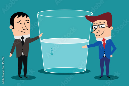Optimism versus pessimism concept. Cartoon characters businessmen indicating glass half full or half empty. vector isolated