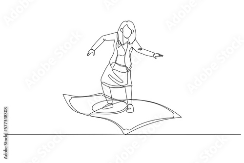 businesswoman riding flying money. metaphor for profit