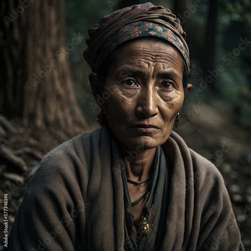 Portrait of an indian village woman in forest in Himachal pradesh. Generative AI.