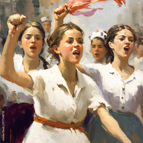 vintage painting of feminist women in power pose with raised fists fighting for women's rights, painting, generative ai	
 photo