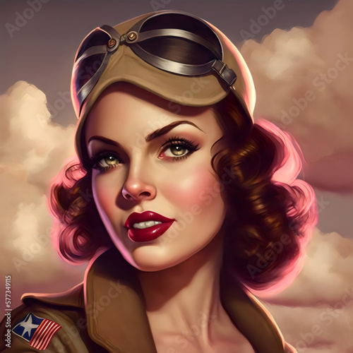 illustration of beautiful 1940s pinup model wearing goggles with curl set hair, generative ai photo