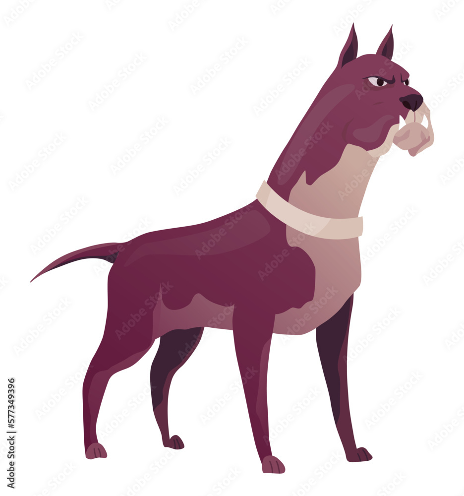 Angry dog. Mad animal with sharp teeth. Dangerous cartoon pet. Vector dog in action poses standing. Aggressive pooch isolated on white background Angry dog. Mad animal with sharp teeth. Dangerous cartoon pet. Vector dog in action poses standing. Aggressive pooch isolated on white background