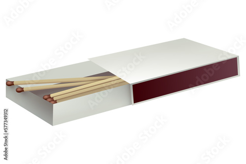 Opened matchbox. Sulphur and wooden sticks lying in open case. Top view and isometric projection vector illustration isolated on white background
