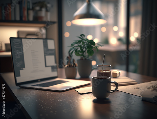 Modern office space with a laptop and a cup of coffee, representing the idea of productivity and efficiency in home business. Generative AI