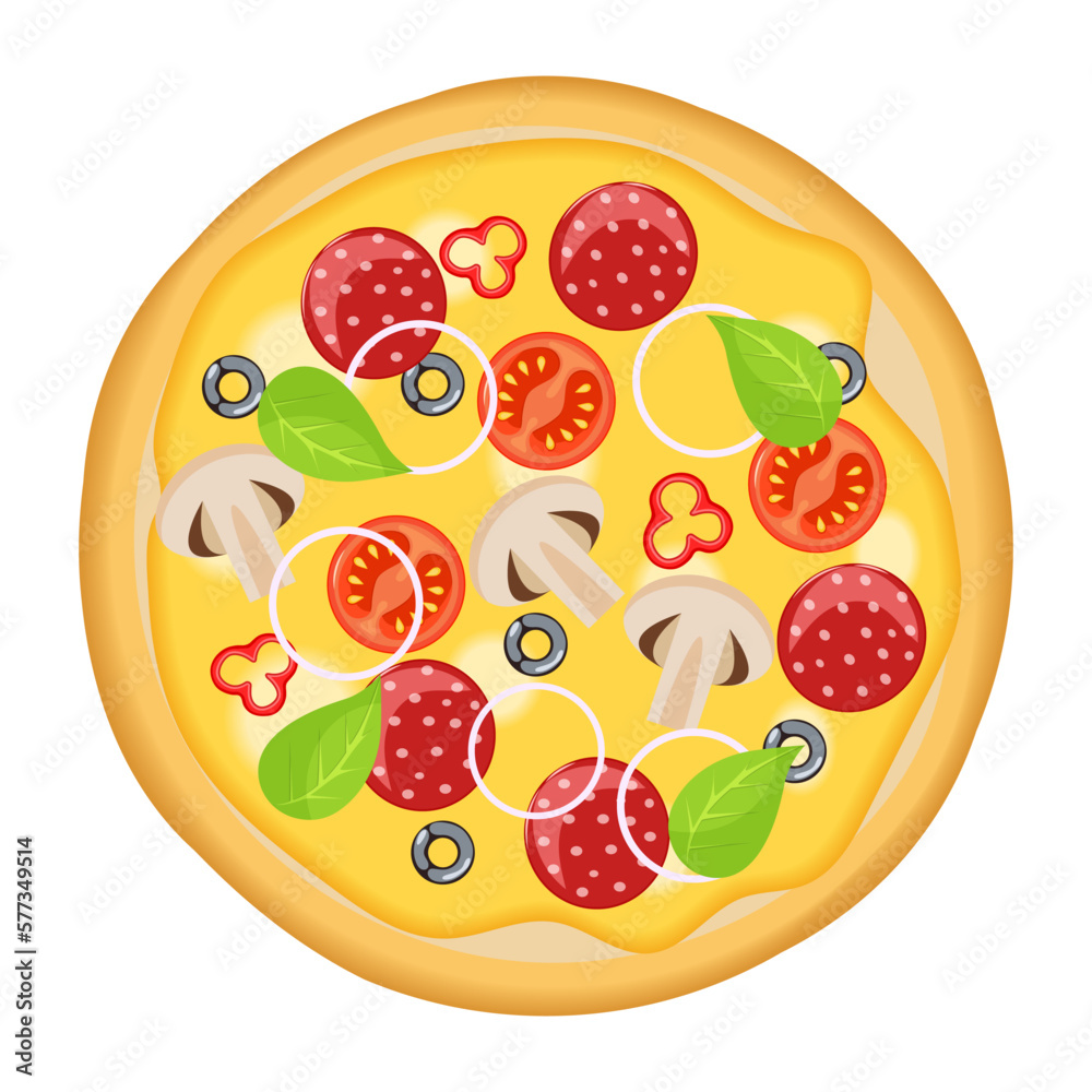 Vector cartoon image of a bakery product. Pizza. Baking from flour. The concept of cooking and delicious food. An element for your design Vector cartoon image of a bakery product. Pizza. Baking from flour. The concept of cooking and delicious food. An element for your design