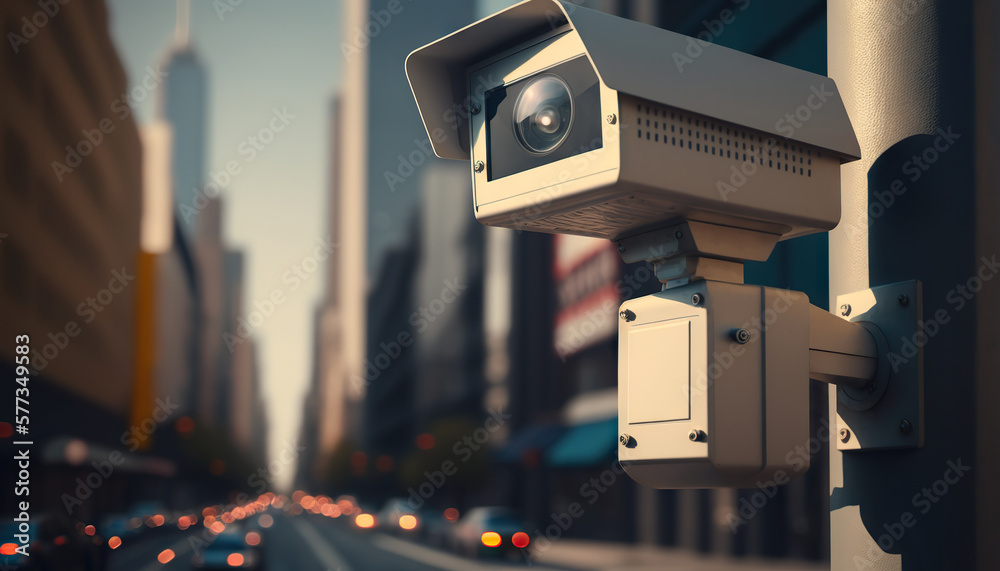 Security camera monitoring the activity on a busy city street. Based on Generative AI Security camera monitoring the activity on a busy city street. Based on Generative AI