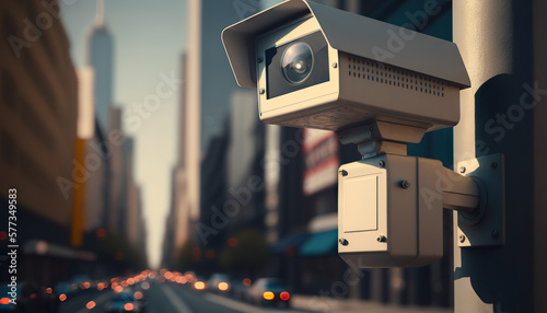 Security camera monitoring the activity on a busy city street. Based on Generative AI