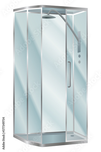Shower cabin. Elegant bathroom element for bath room interior. Realistic vector cabin with transparent glass doors and modern shower system