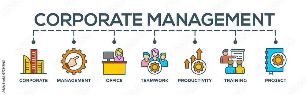 Corporate management concept banner web infographic with icon of corporate, management, office, teamwork, productivity, training and project Corporate management concept banner web infographic with icon of corporate, management, office, teamwork, productivity, training and project