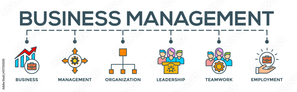 Business management concept banner web. Editable infographic vector with icon of business, management, organization, leadership, teamwork and employment Business management concept banner web. Editable infographic vector with icon of business, management, organization, leadership, teamwork and employment