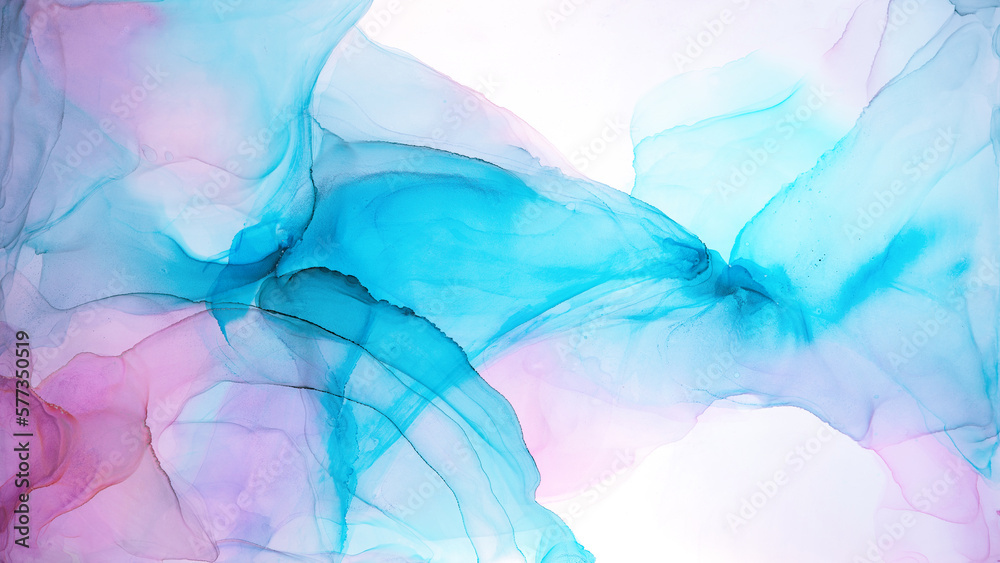 Abstract liquid painting background alcohol ink technique. Watercolor painting horizontal background. Alcohol ink violet, purple and turquoise colors. Marble luxurious fluid texture.