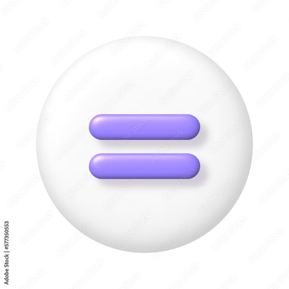 Math 3D icon. Purple arithmetic equals sign on white round button. 3d realistic design element. Math 3D icon. Purple arithmetic equals sign on white round button. 3d realistic design element.