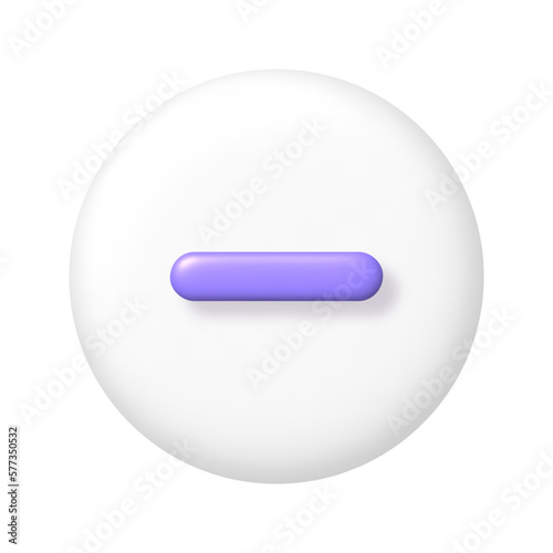 Math 3D icon. Purple arithmetic minus sign on white round button. 3d realistic design element.