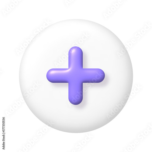 Math 3D icon. Purple arithmetic plus sign on white round button. 3d realistic design element.