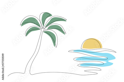 One line drawing of beach with palm tree and sunset. Vector illustration.