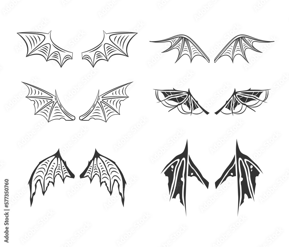 Gargoyle, demon, devil wing set. Vector collection in line art. Stock