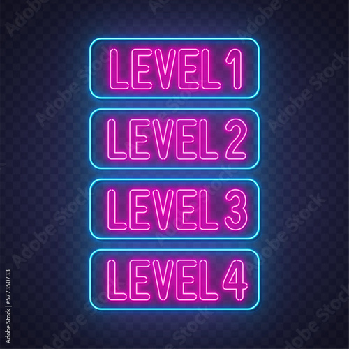 Level 1,2,3,4 neon sign on a transparent dark background