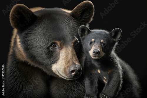 A dark brown bear with its baby in its arms, a very real photo. generative ai