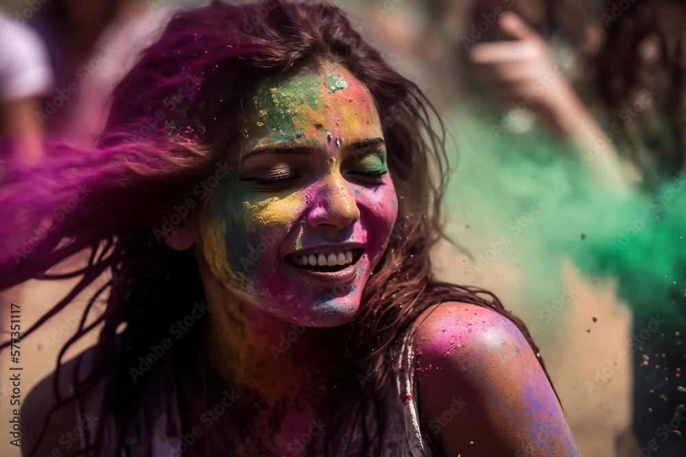 AI illustration of a Hindi woman enjoying the moment on a color festival