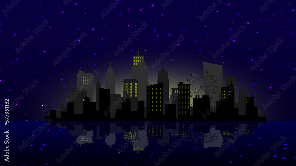 Night city skyline landscape scene.  