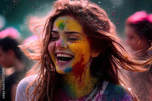 AI illustration of a woman expressing happiness during the Holi spring festival