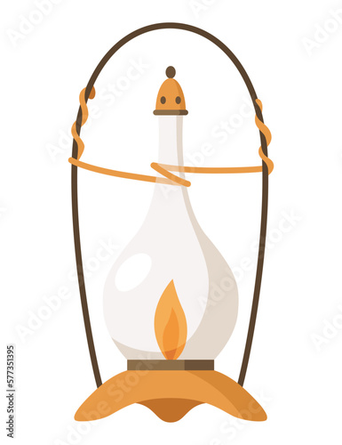 Vintage camping lantern or oil lamp. Handle gas lamps for tourist hiking. Flame glow camp fuel burn isolated on white background