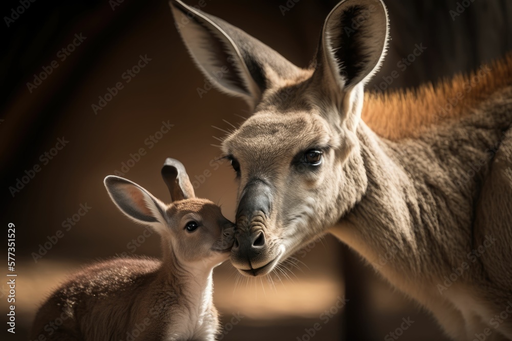 Mother kangaroo head and baby kangaroo real photo. generative AI Mother kangaroo head and baby kangaroo real photo. generative AI