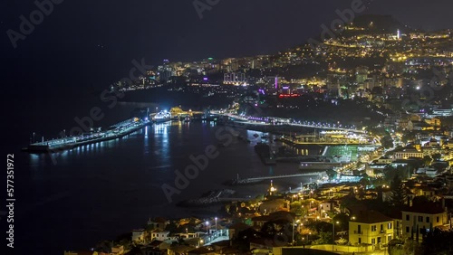 Wallpaper Mural Island landscape after sunset aerial view to Funchal day to night transition, Madeira, Portugal timelapse. Port in harbor with evening illumination Torontodigital.ca