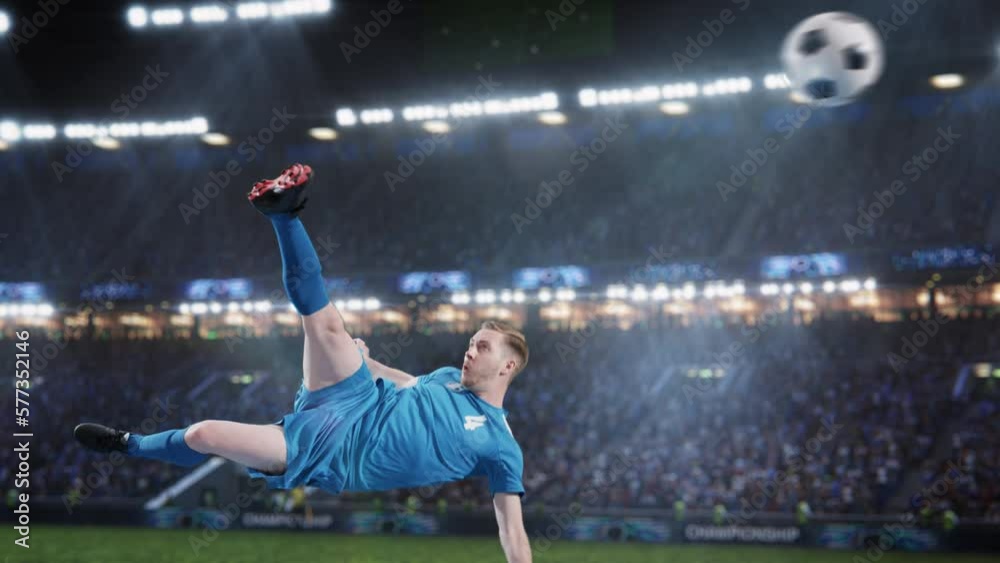 Aesthetic Shot Of Athletic Soccer Football Blue Team Player Doing Beautiful Overhead Kick On Stadium With Crowd Cheering. International Championship Match on Arena Full Of Fans. Super Slow Motion.